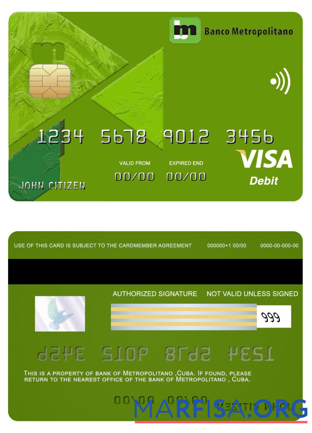 Realistic Cuba Metropolitano bank visa card example